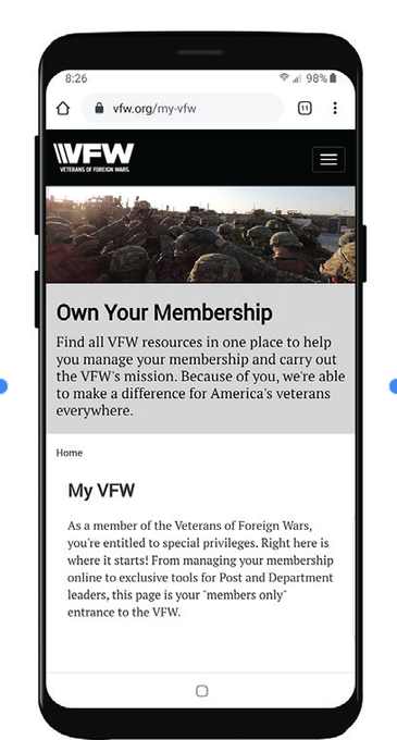 My VFW member page shown on a smartphone